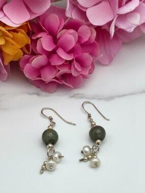 Sterling Silver Jade Pearl Dangle Earrings 925 Green Jade 9mm Bead 1 Inch Drop